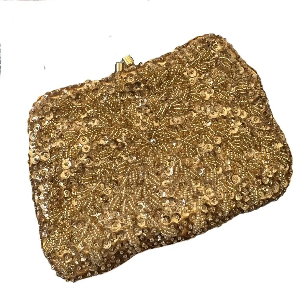 Vintage Gold Beaded Evening Bag Art Deco Flapper Hong Kong Kiss Lock Chain